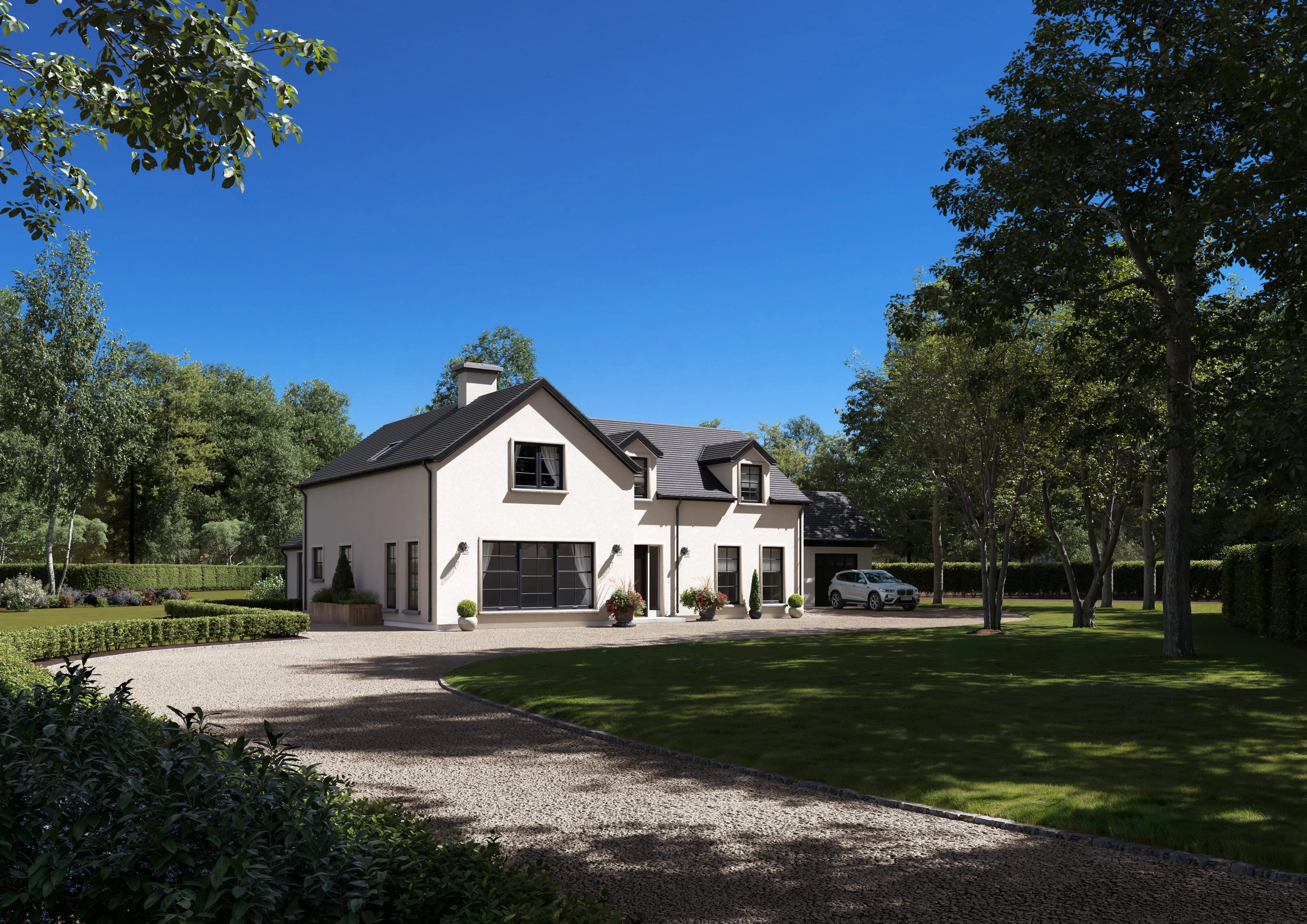 Photorealistic 3D architectural visualisation of a modern residential home exterior in Northern Ireland, showcasing stone cladding and large glass windows at golden hour